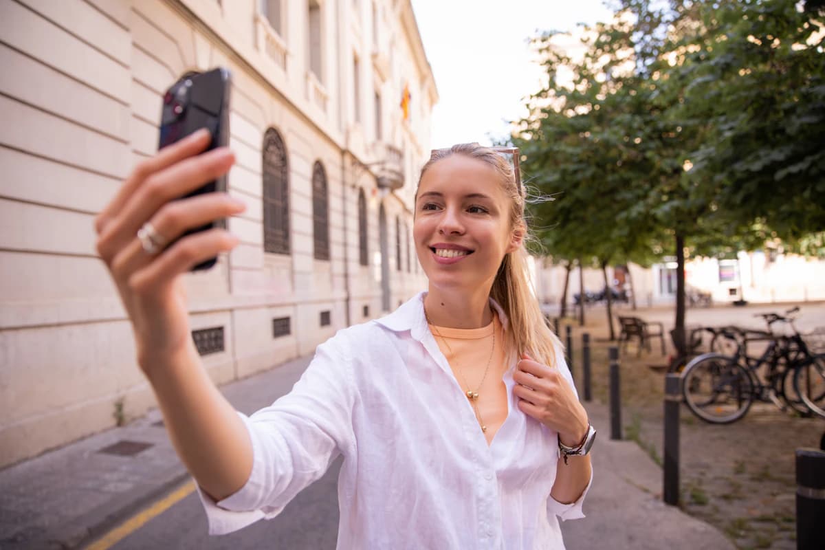 Woman taking an arm's-length phone selfie outdoors, the kind of photo most AI face ratings are run on